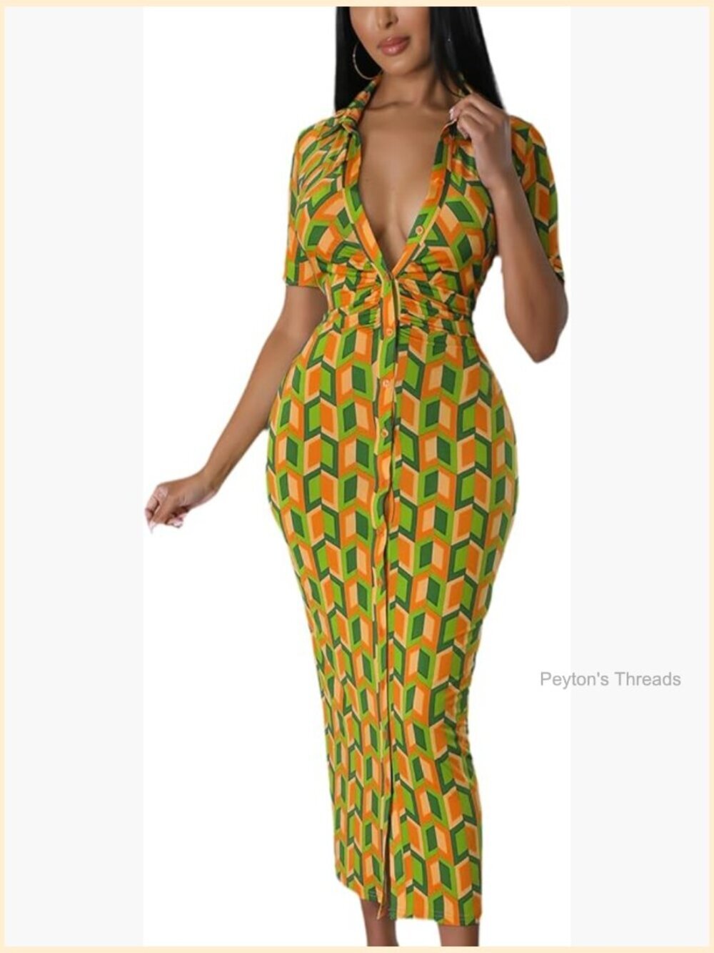 Button Down Short Sleeve Ruched Bodycon Midi Dress
